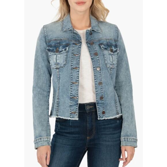 KUT FROM THE KLOTH Women's Kara Frayed Denim Jacket Small Standard Blue NWT - Picture 1 of 12